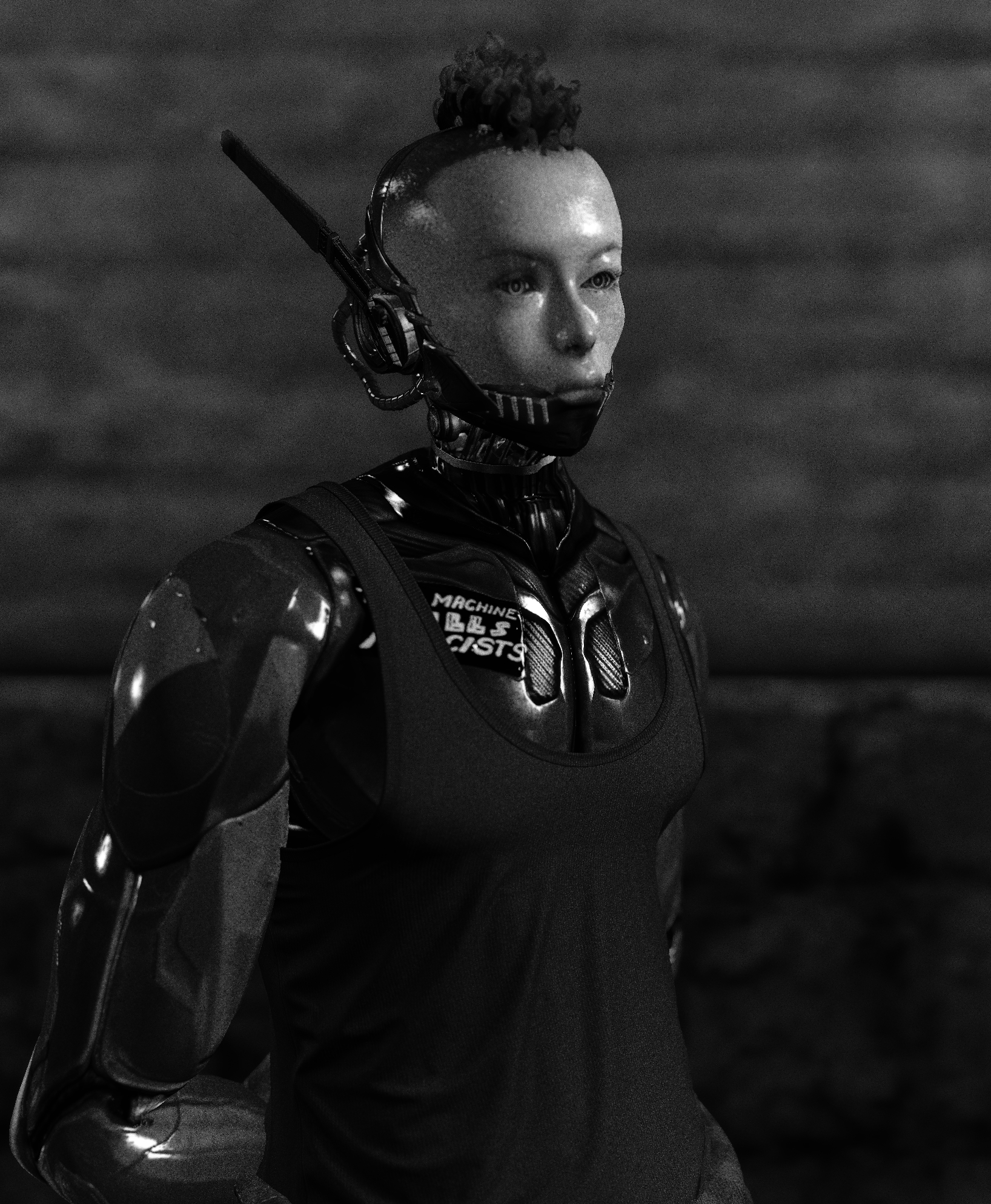 Black-and-white portrait photo of Sam’s avatar from the waist up, standing in front of a softly blurred background. They have a pale, lifelike face encased in a glossy mechanical chin, two antennas point backwards, assumedly making up Sam's ears. A cluster of tight curls forms a short mohawk atop their otherwise shaved head. Their torso is a sleek black cybernetic frame over which they wear a simple tank top, and their glossy mechanical arms are crossed behind their waist. A small patch on their chest armor reads “MACHINE … CISTS.” This is Sam, a non-binary avatar who uses they/them pronouns.